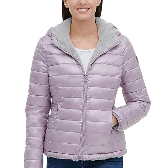 Andrew Marc Womens Ultra Soft Hooded Reversible Jacket Shiny Lavender Faux Fur M - Picture 1 of 16